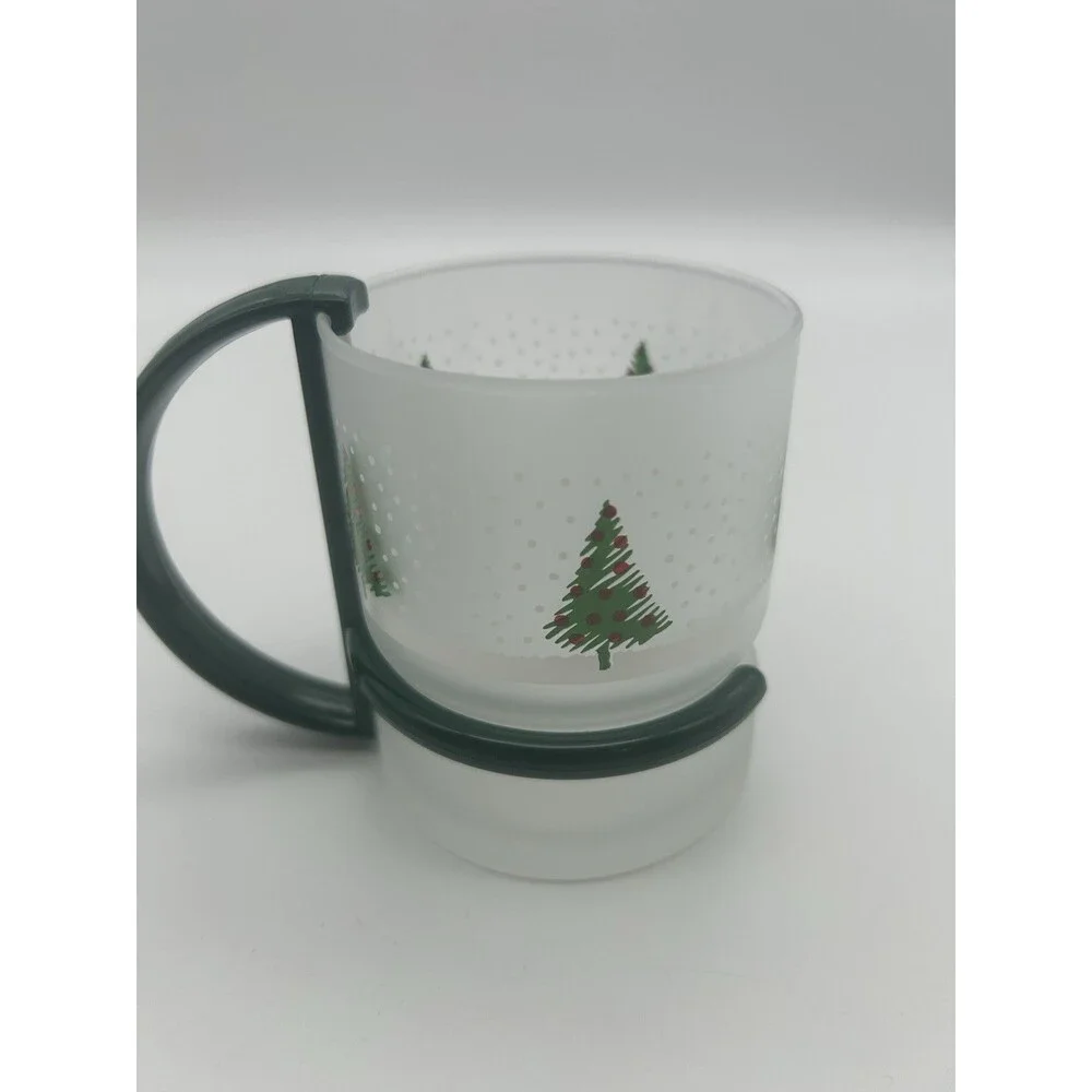 8 Christmas Inspiration Frosted Glass Mugs w/ Removable Handles VTG Set